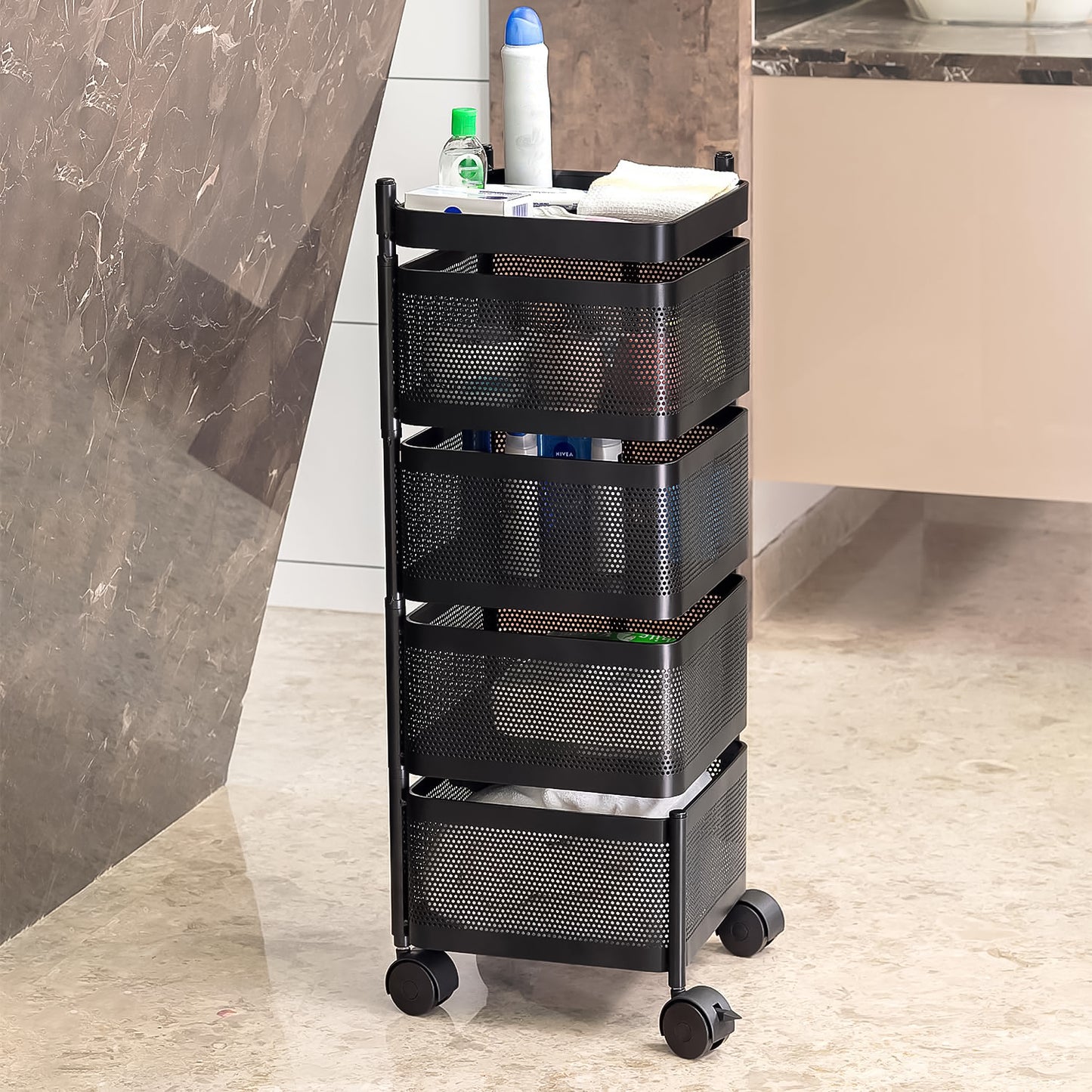 4-Layer Rotating Kitchen Trolley – Heavy-Duty Metal Storage Rack with Wheels for Fruits, Vegetables & Home Organization