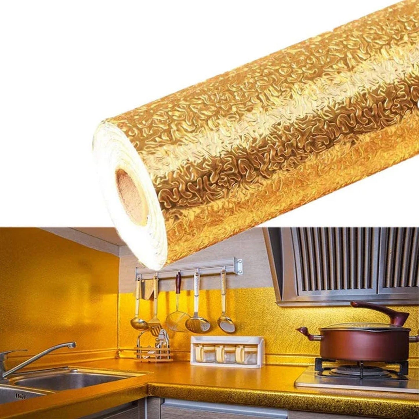 GoldenShield Self-Adhesive Aluminum Foil Wallpaper – Premium Oil-Proof & Waterproof Kitchen Sticker