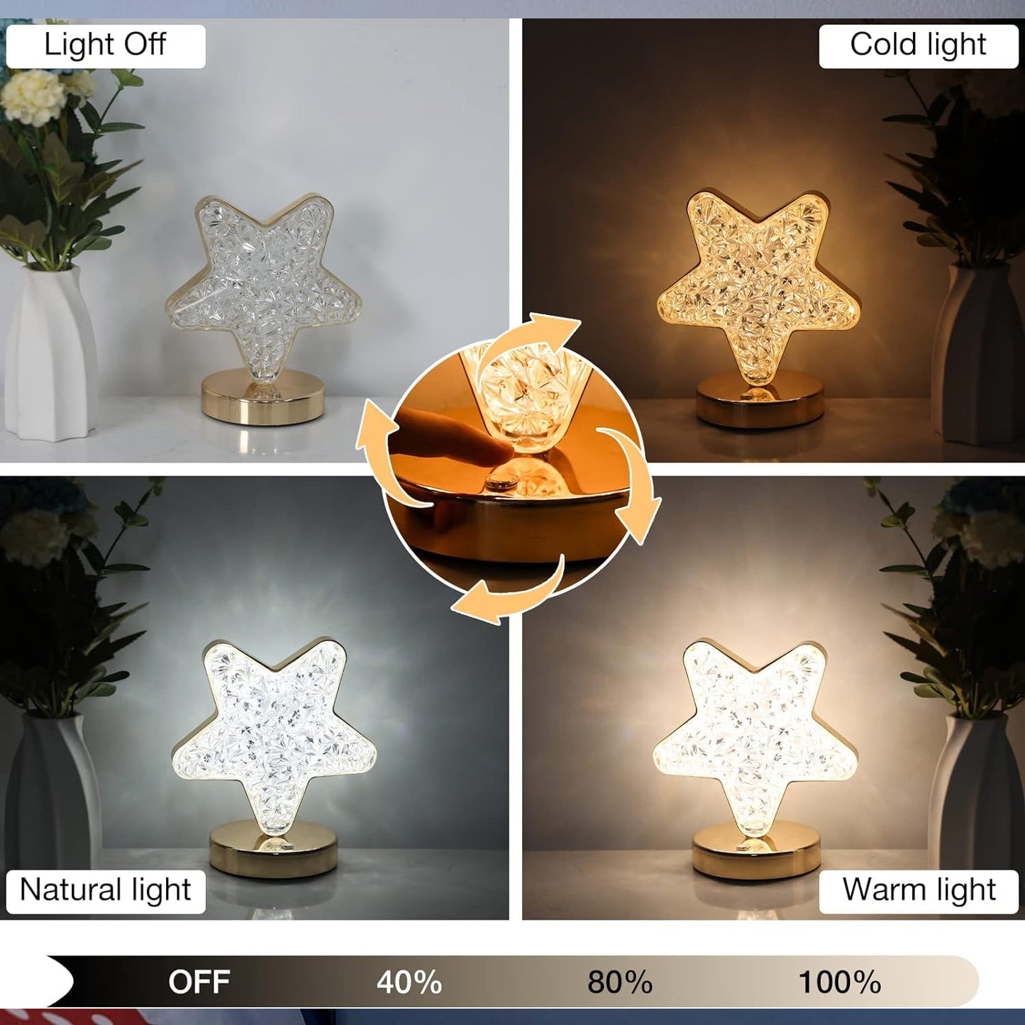 12571 Star Shape Crystal Diamond Lamp Cordless Luxury Lamp With Usb Rechargeable 3-way Dimmable  Touch Control Decorative Nightstand Lamp For Bedroom Living Room Party Restaurant Decor (1 Pc )