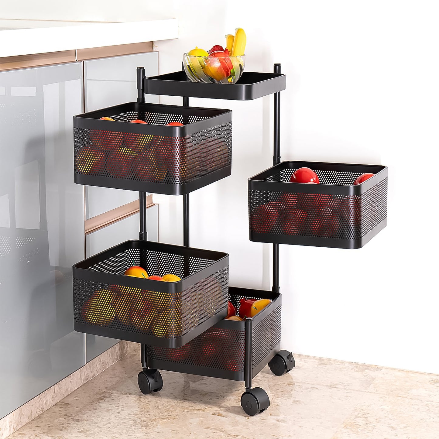 4-Layer Rotating Kitchen Trolley – Heavy-Duty Metal Storage Rack with Wheels for Fruits, Vegetables & Home Organization