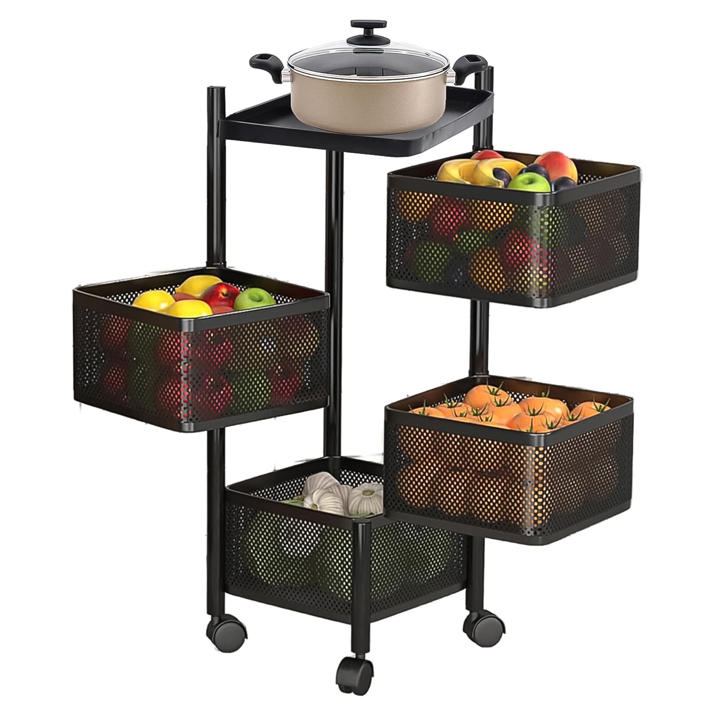 4-Layer Rotating Kitchen Trolley – Heavy-Duty Metal Storage Rack with Wheels for Fruits, Vegetables & Home Organization