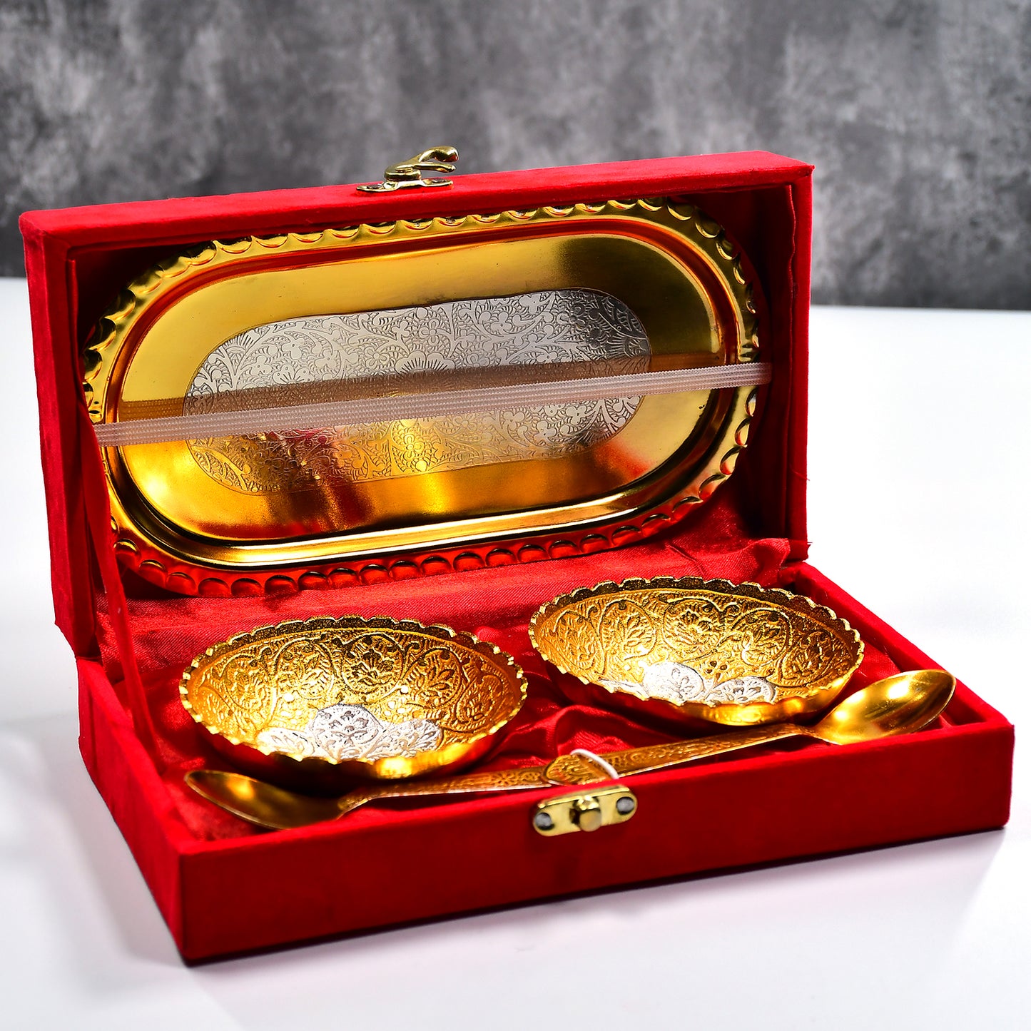 2947 Gold Silver Plated 2 Bowl 2 Spoon Tray Set Brass With Red Velvet Gift Box Serving Dry Fruits Desserts Gift