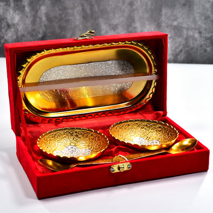 2947 Gold Silver Plated 2 Bowl 2 Spoon Tray Set Brass With Red Velvet Gift Box Serving Dry Fruits Desserts Gift