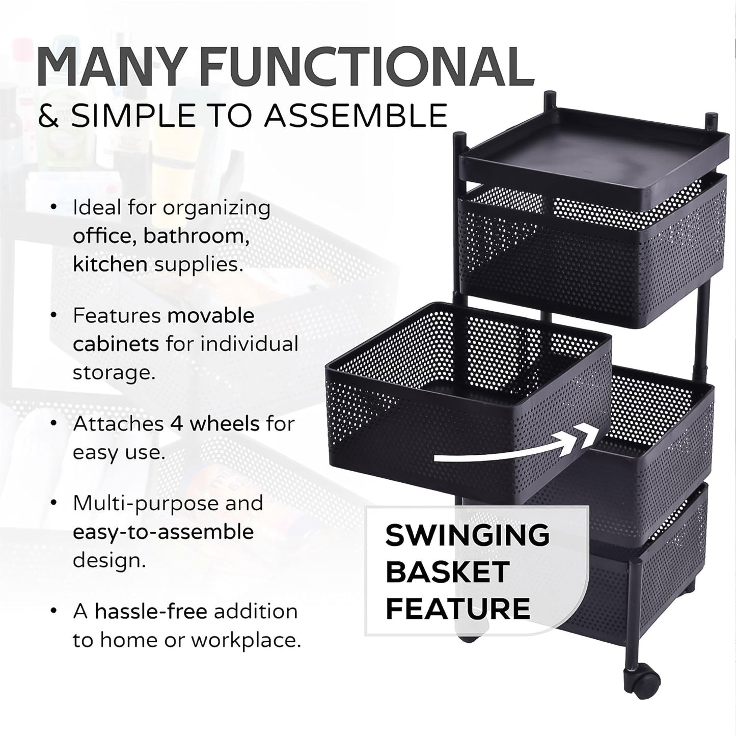 4-Layer Rotating Kitchen Trolley – Heavy-Duty Metal Storage Rack with Wheels for Fruits, Vegetables & Home Organization