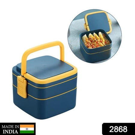 2868 Blue Double-layer Portable Lunch Box Stackable With Carrying Handle And Spoon Lunch Box